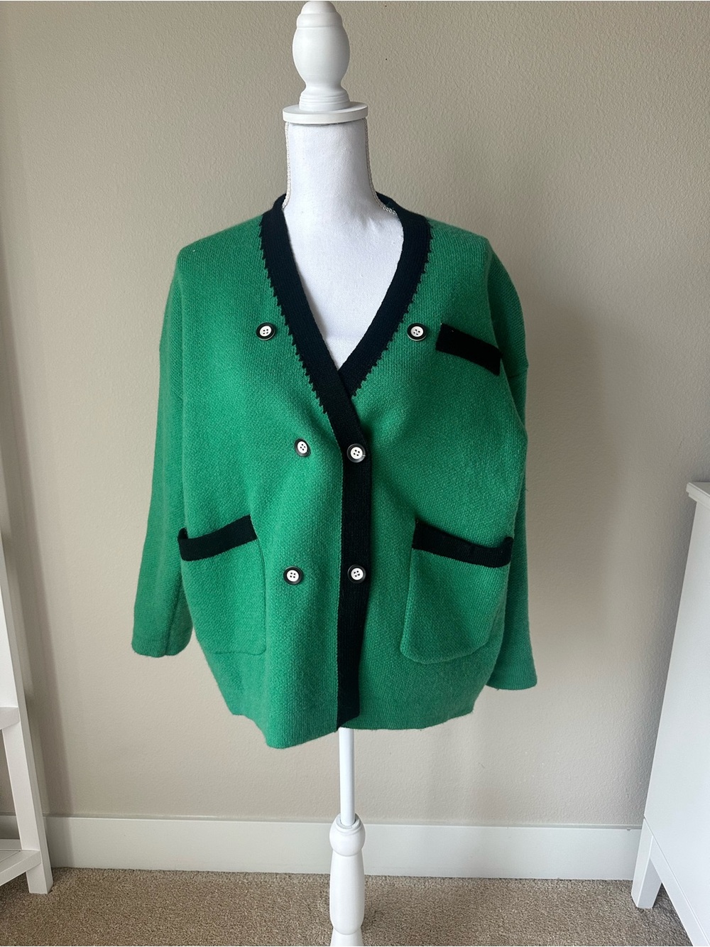 Chicwish Emerald Green V-Neck Double-Breasted Cardigan with Black Trim